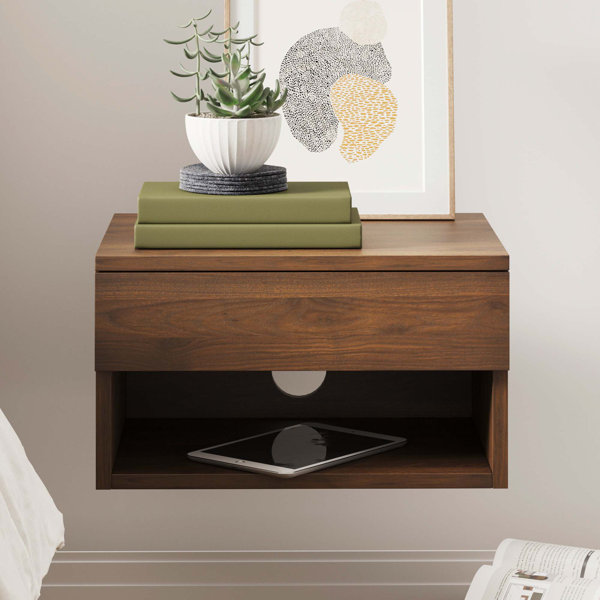 Solid Walnut Wood Floating Nightstand With Drawer Walnut Wood Hanging Bedside Table Scandinavian